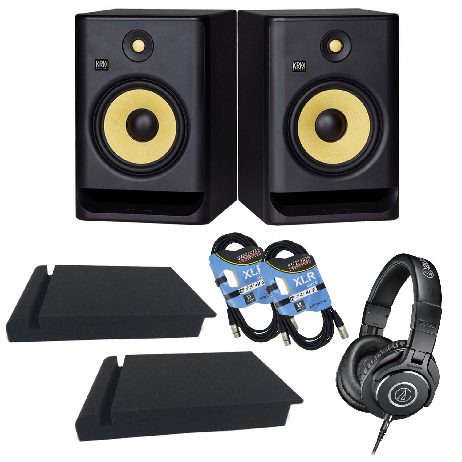 (2) KRK ROKIT 8 G4 8″ 2-Way Active Studio (Black), ATH-M40X, Foam Pads ...